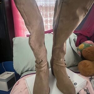 Suede Over-the-Knee Heeled Boots in Taupe